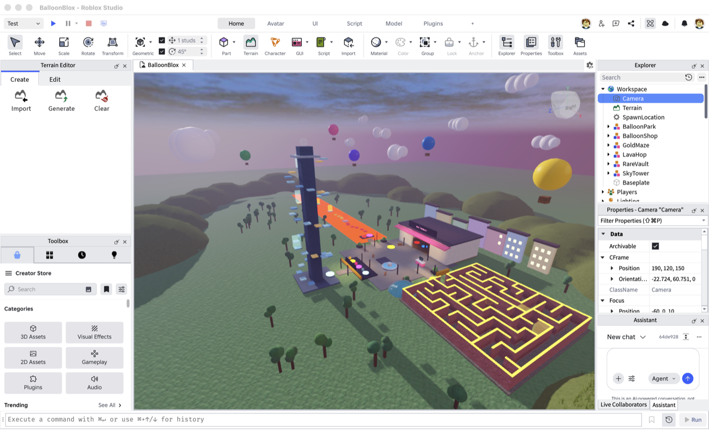 Aerial of Balloon Park: maze, tower, shop, trees, hills, hot-air balloons
