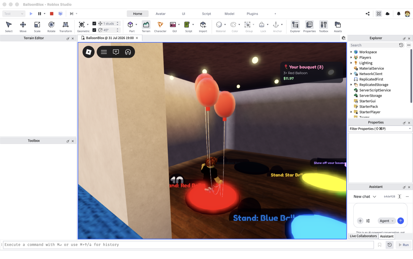 Standing on the red pad with readable labels and three balloons