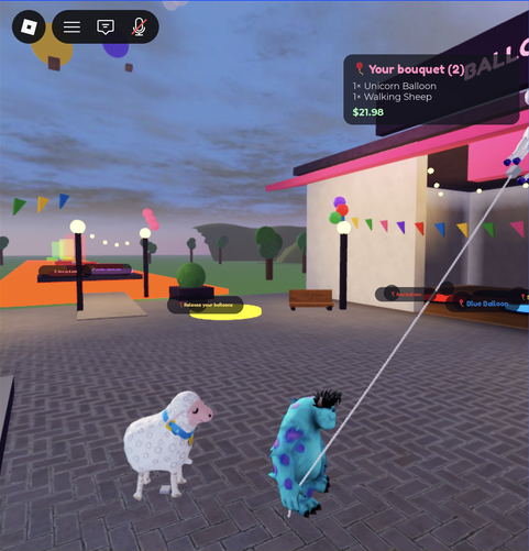 The walking sheep balloon trailing a player on its leash